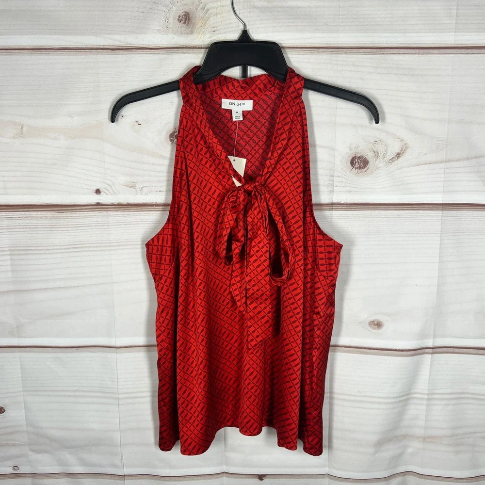 ON 34TH Satin Top Women Medium Red Geometric Pussybow Neck Sleeveless Pullover